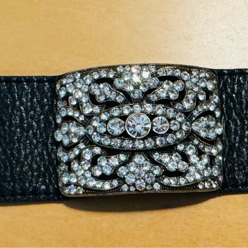 Vintage 2000’s Paula Abdul black leather rhinestone cuff bracelet.